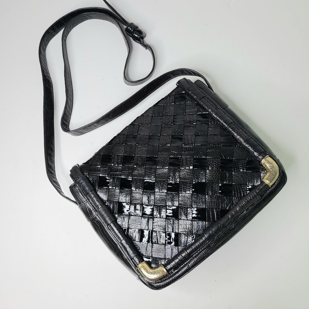 Sharif Black Woven Basketweave Made in USA Vintage Genuine Patent Leather Bag